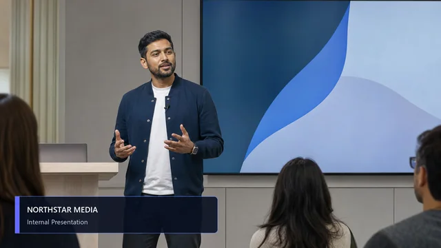 Generated office town hall with a fictional Northstar Media Internal Presentation lower third